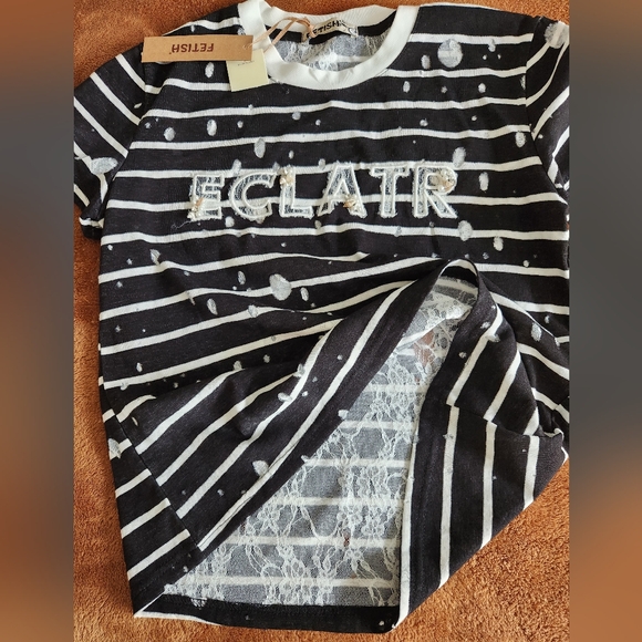 Black and White Striped T-Shirt with Lace Details - Picture 2 of 4